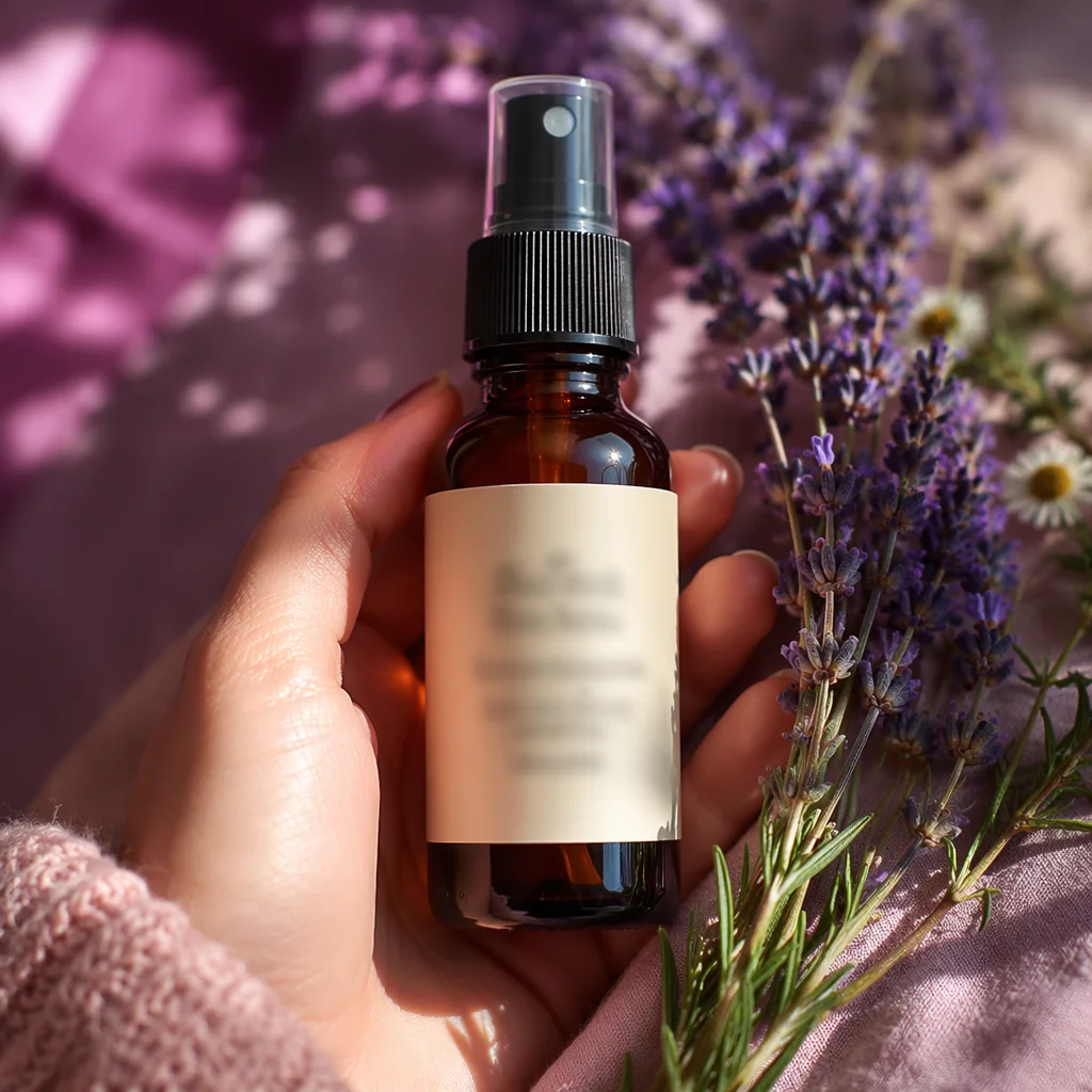 Amber Essential Oil Bottle with Lavender Herbs
