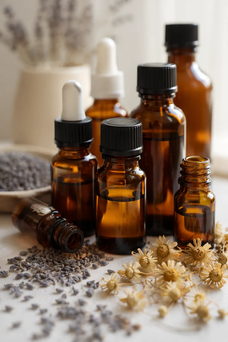 Amber Essential Oil Bottles with Lavender Herbs