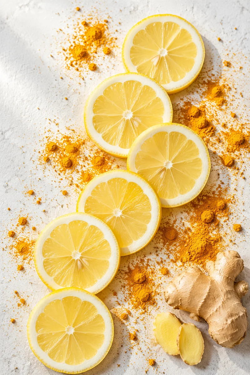 Fresh Turmeric Ginger Lemon Wellness Flat Lay