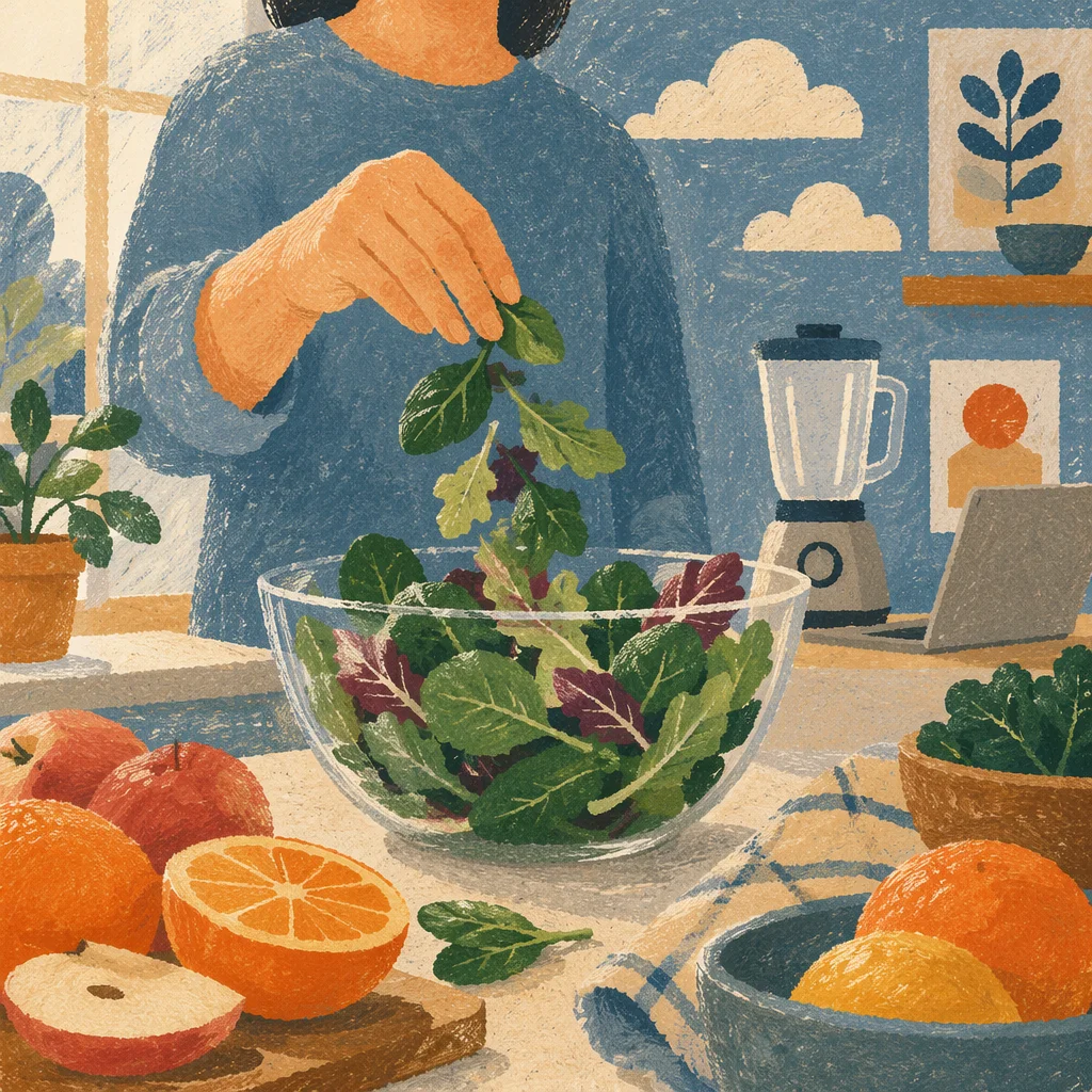 Fresh Green Salad Preparation in Bright Kitchen