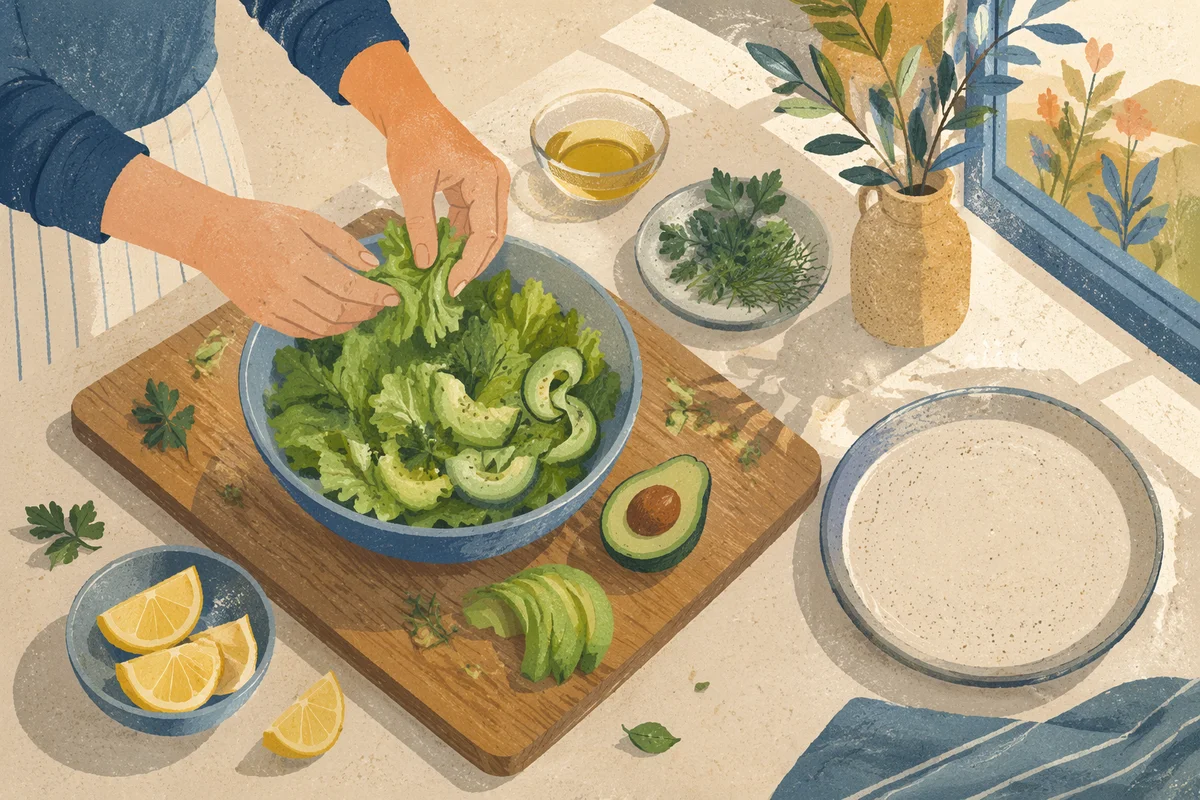 Fresh Green Salad Prep in Sunlit Kitchen