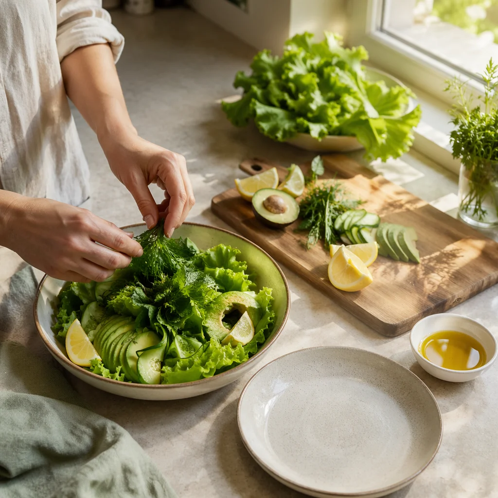 Fresh Green Salad Prep in Sunlit Kitchen