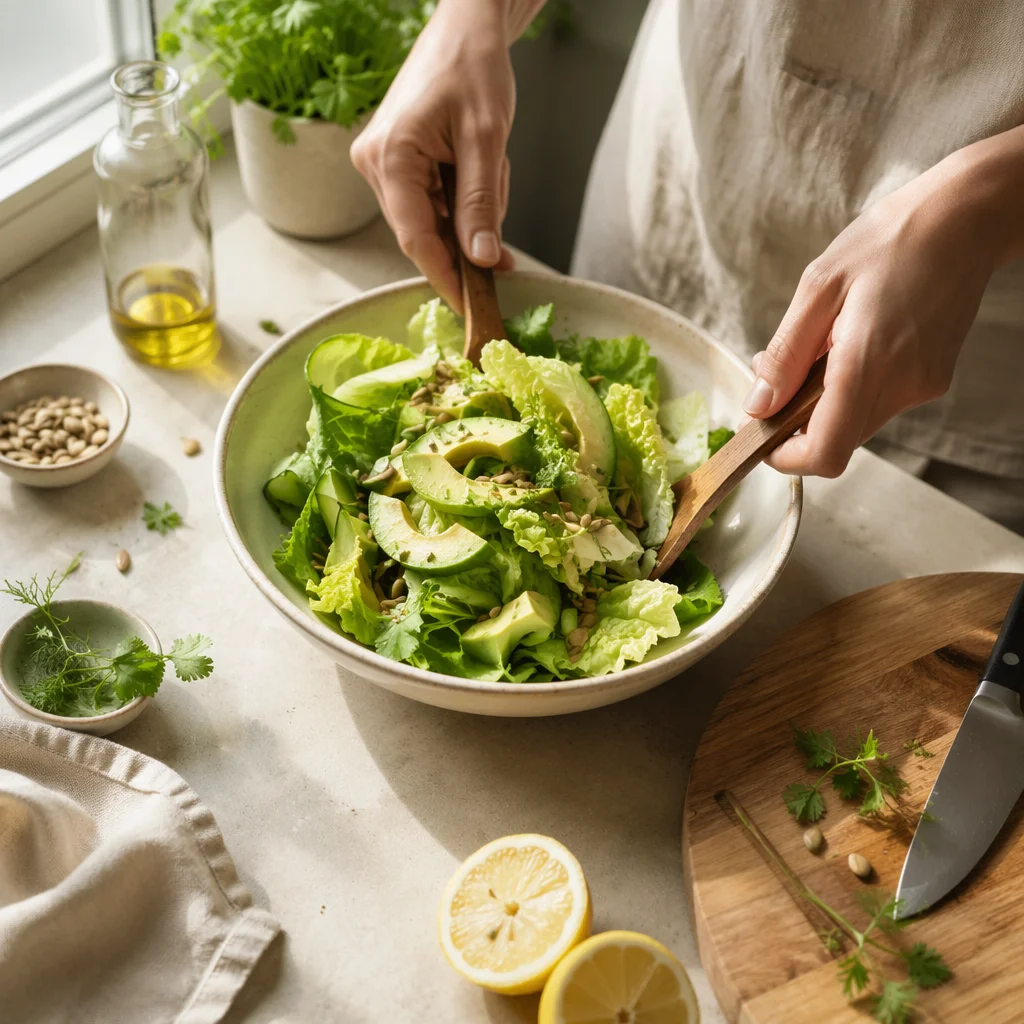 Fresh Green Salad Preparation in Bright Kitchen