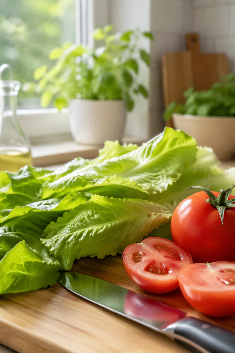 Fresh Green Salad Preparation in Morning Kitchen