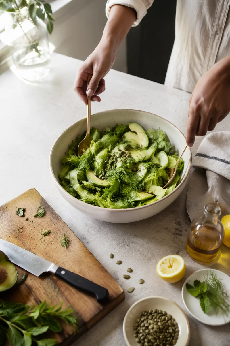 Fresh Green Salad Preparation in Bright Kitchen