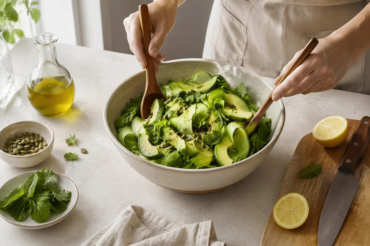 Healthy Green Salad Prep in Bright Kitchen