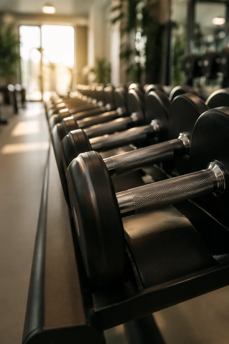 Organized Dumbbells in Bright Fitness Center