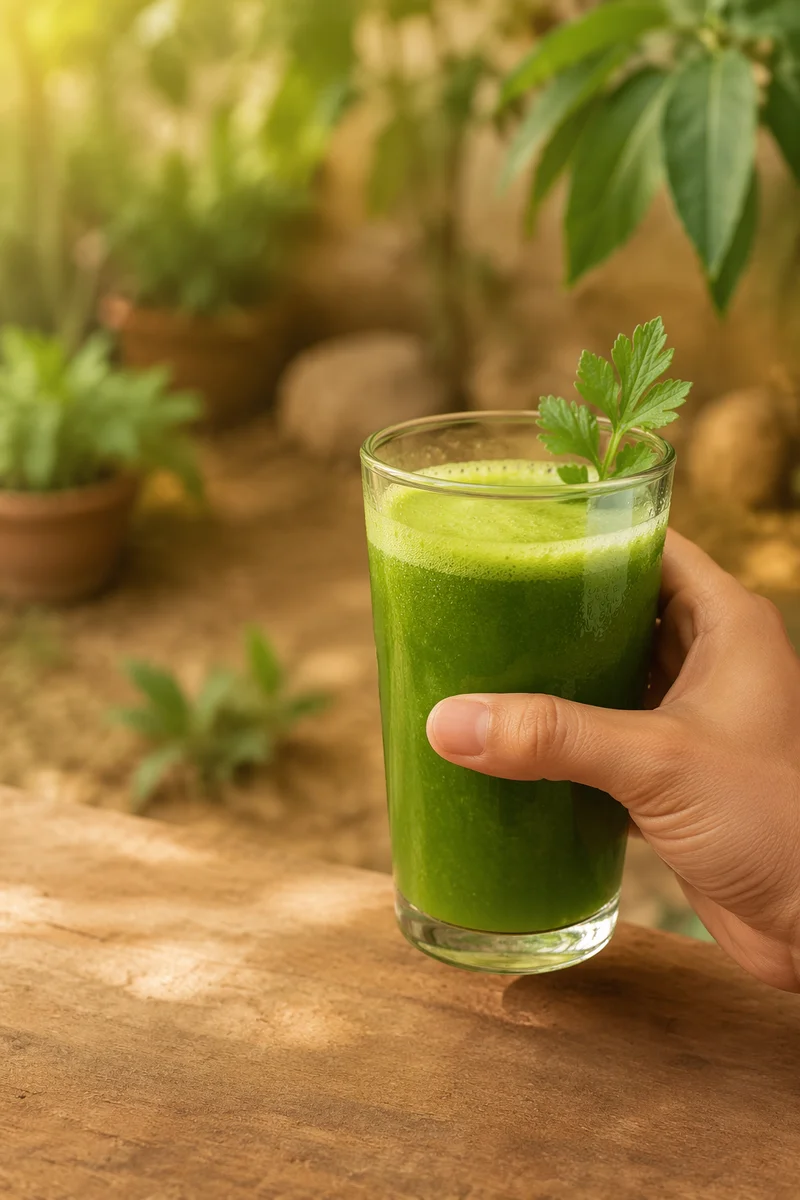 Hand Holding Fresh Green Juice Glass