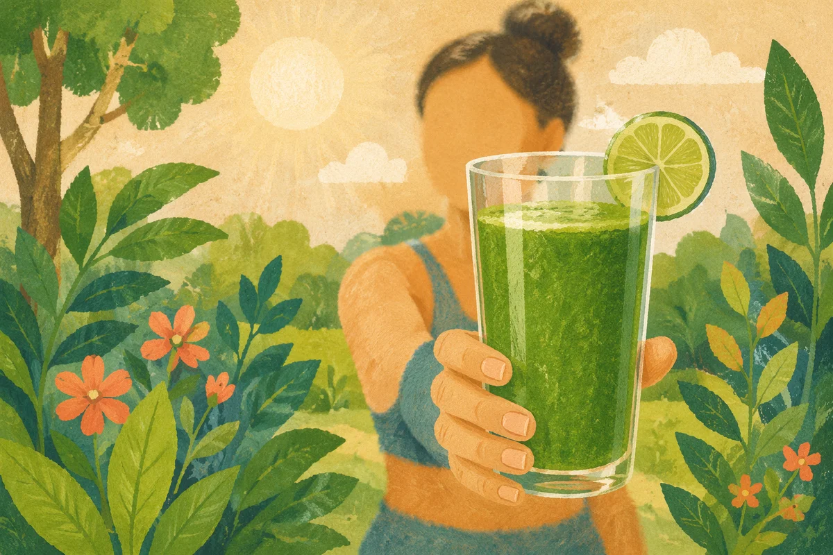 Fresh Green Juice in Morning Garden