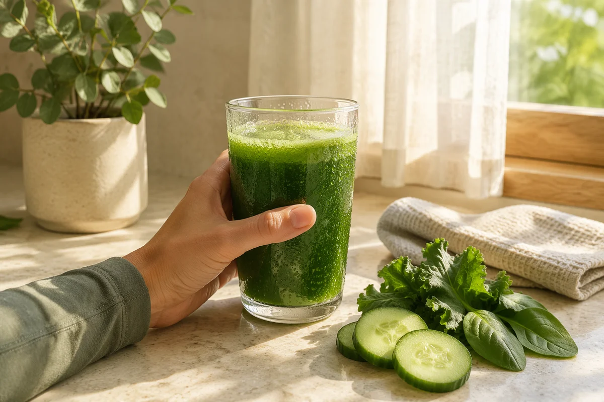 Hand Holding Fresh Green Juice by Window