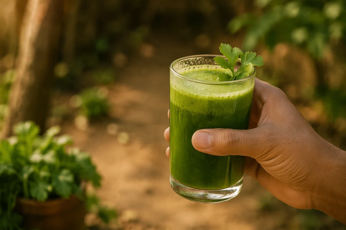 Hand Holding Fresh Green Juice Glass