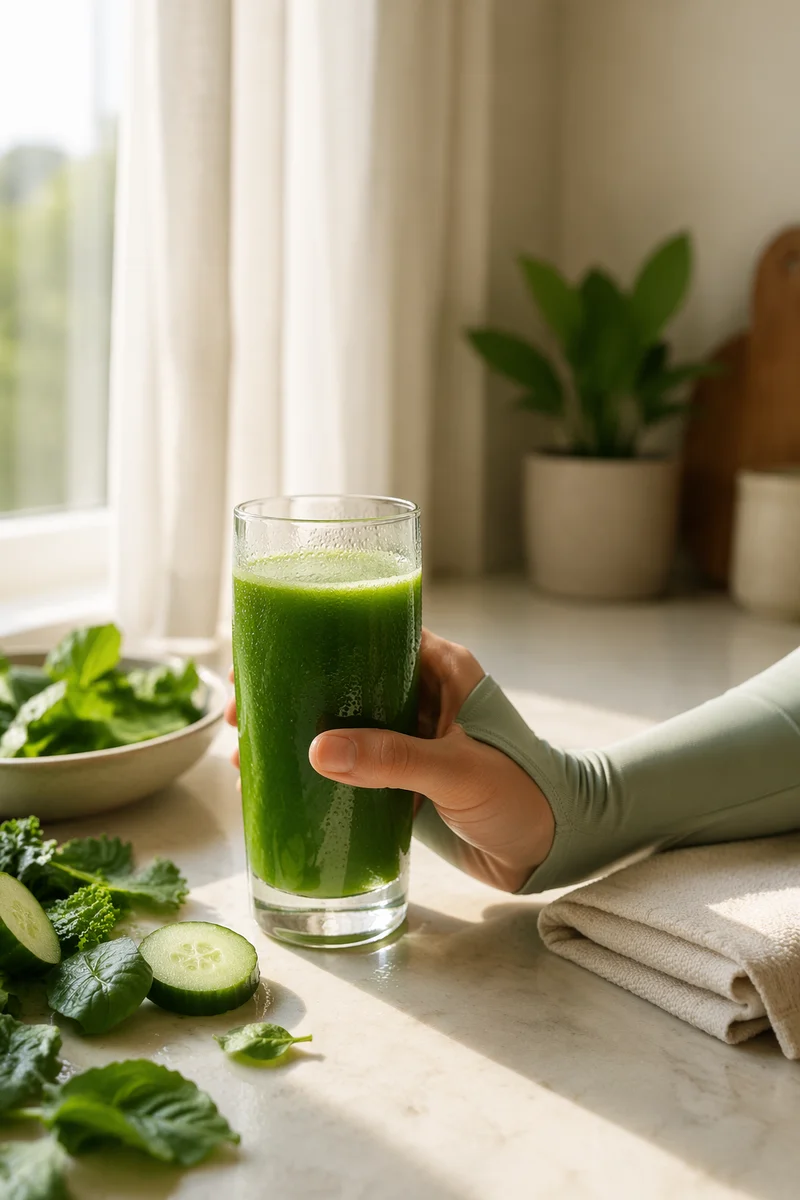 Hand Holding Fresh Green Juice by Window