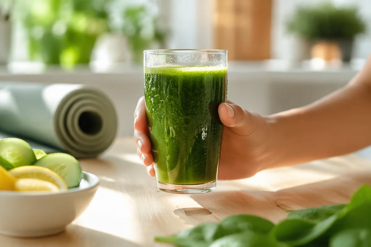 Hand Holding Fresh Green Juice Glass
