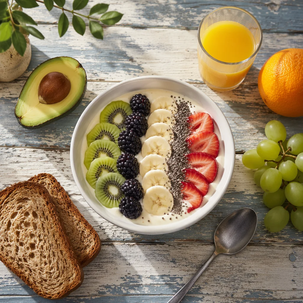 Healthy Fruit Yogurt Bowl Breakfast Flat Lay