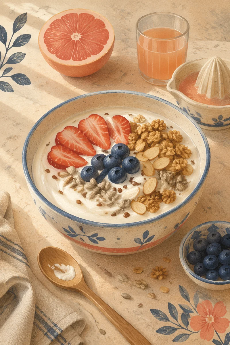 Healthy Yogurt Breakfast Bowl with Fruit and Seeds