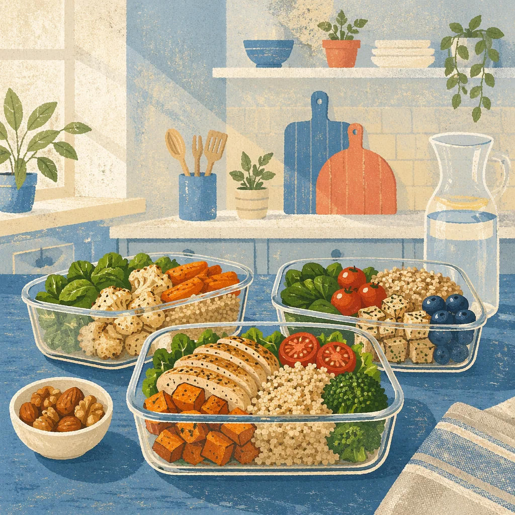 Healthy Meal Prep Containers on Blue Counter