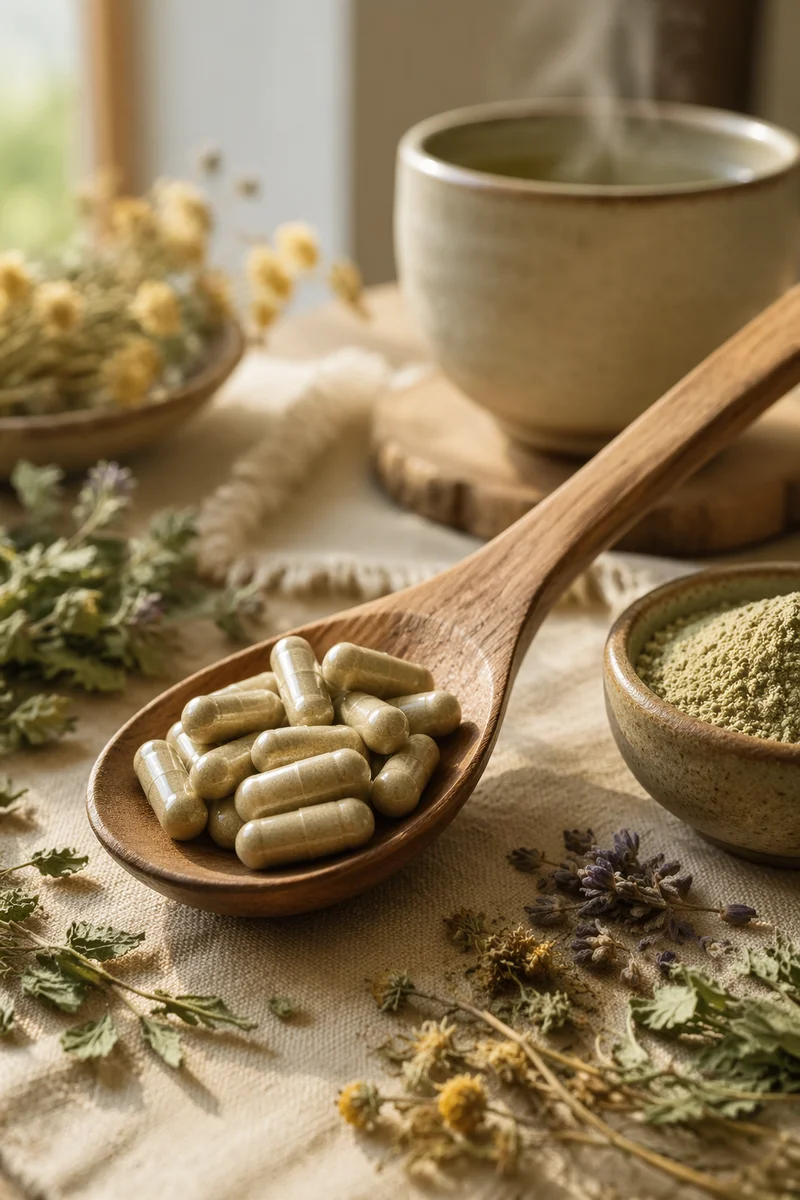 Herbal Supplement Capsules in Rustic Wooden Spoon