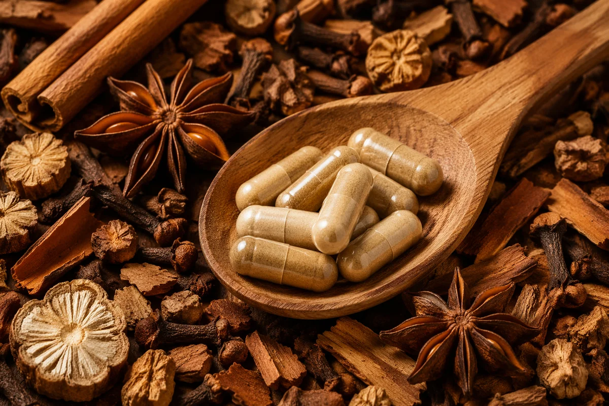 Natural Herbal Capsules in Rustic Wooden Spoon