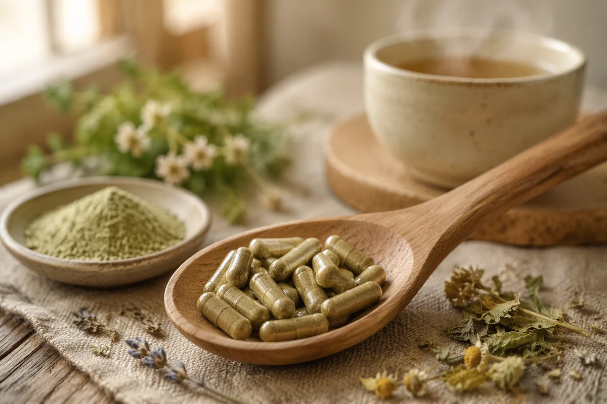 Herbal Supplement Capsules in Rustic Wooden Spoon