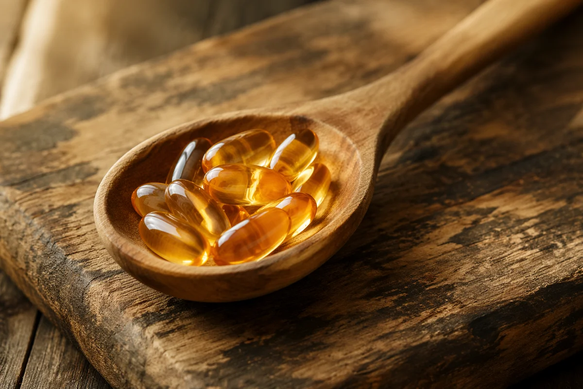 Amber Herbal Capsules in Wooden Spoon
