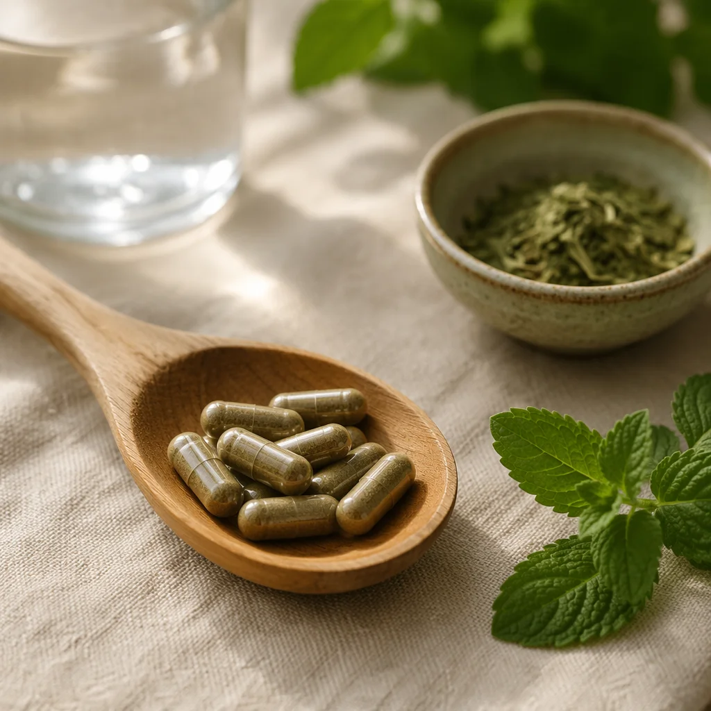 Herbal Supplement Capsules in Wooden Spoon