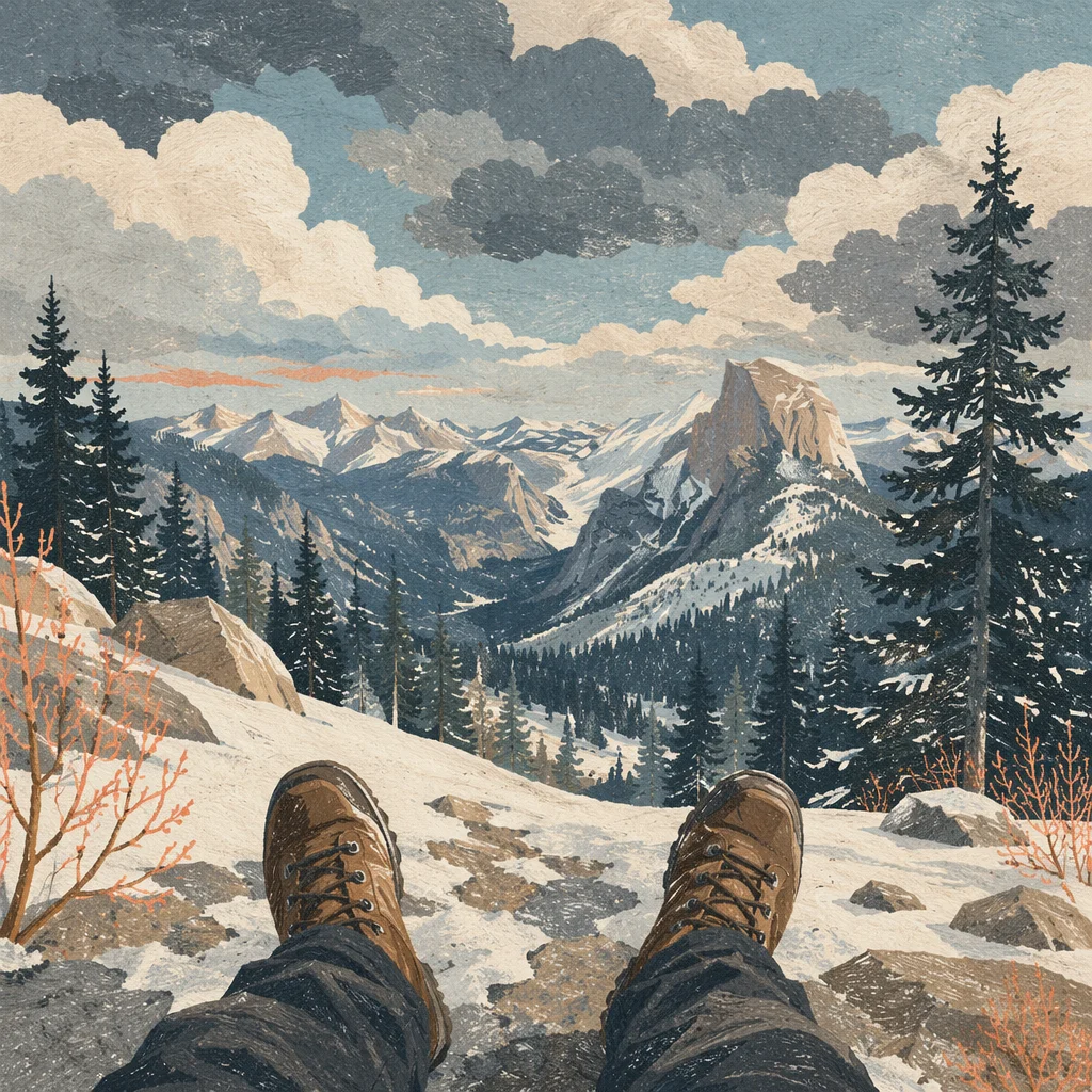 Hiking Boots Over Snowy Alpine Valley