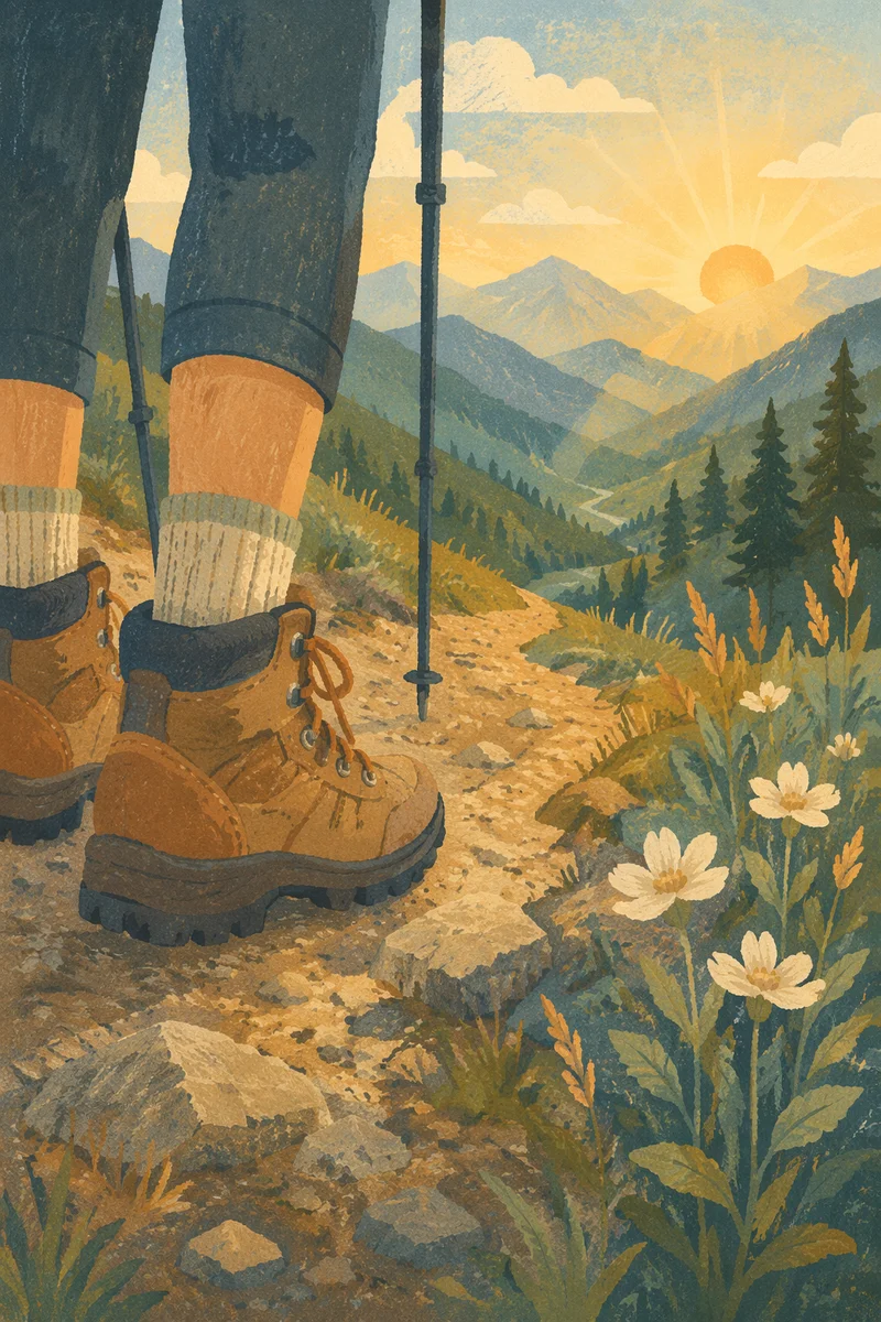 Hiking Boots on Peaceful Mountain Trail