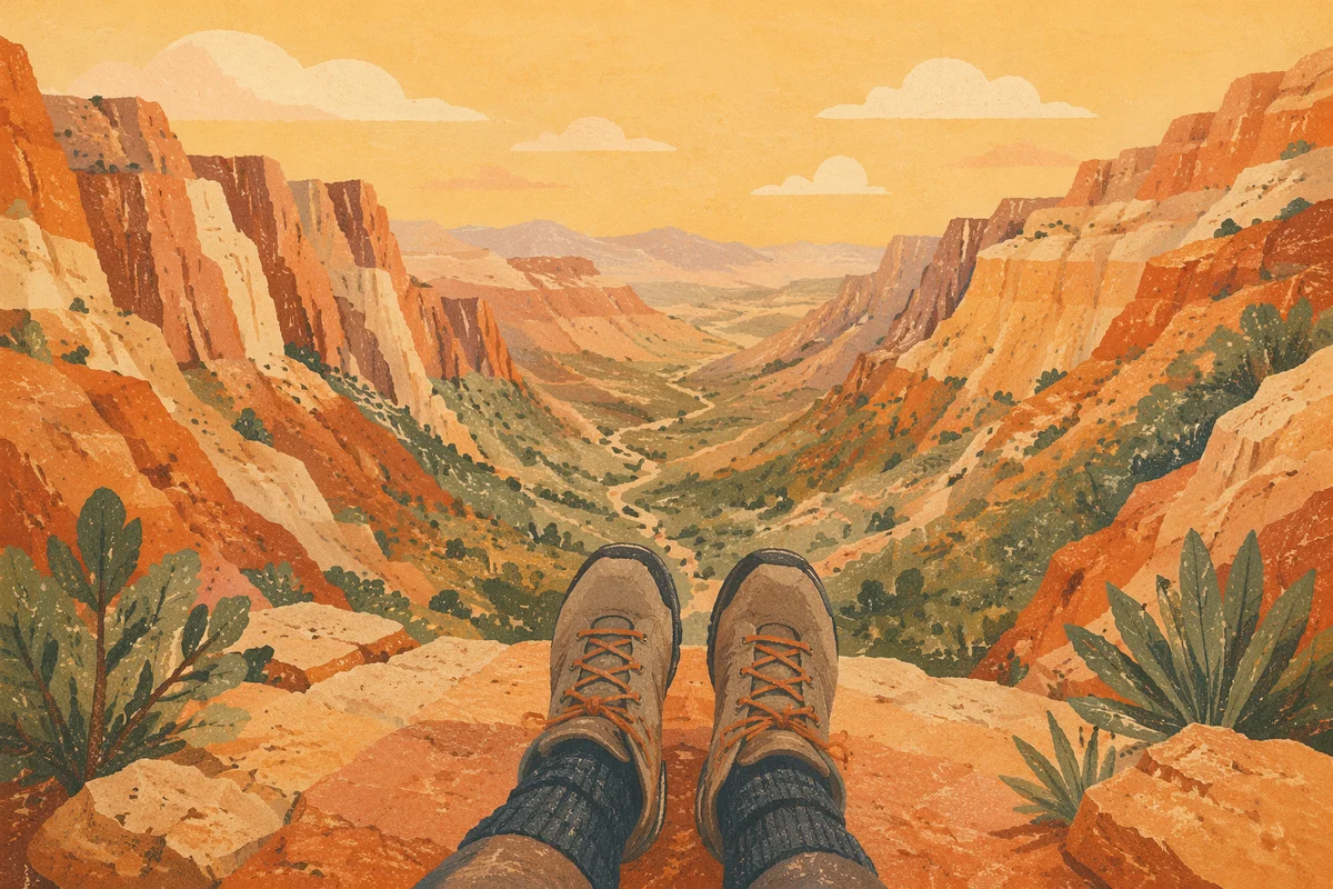 Hiking Boots Over Golden Desert Canyon