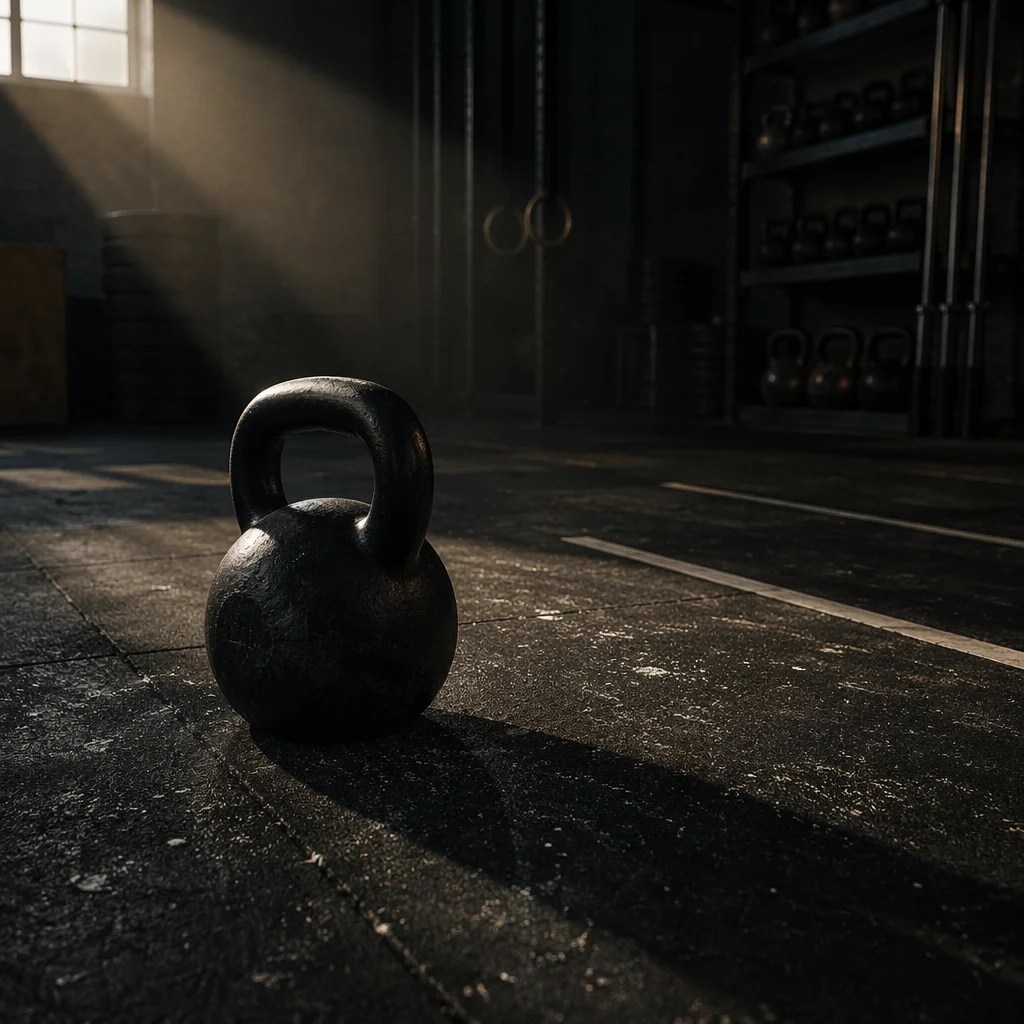 Dramatic Kettlebell on Shadowed Gym Floor