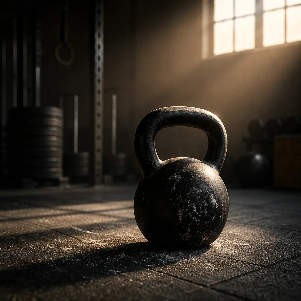 Dramatic Kettlebell on Shadowed Gym Floor