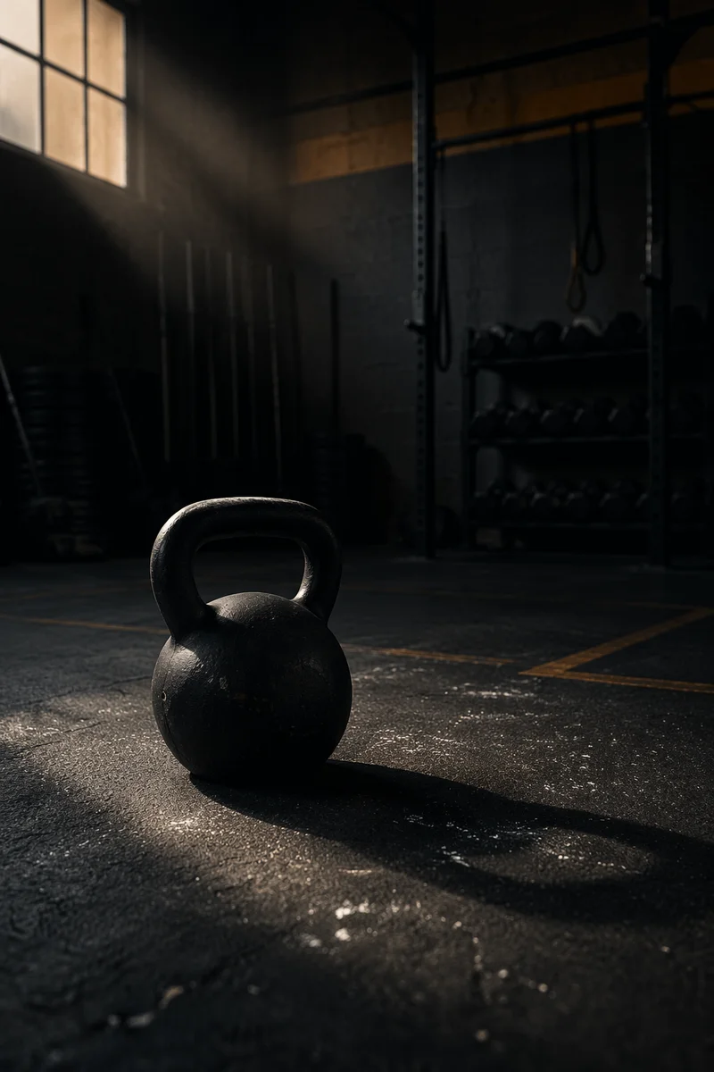 Dramatic Kettlebell on Shadowed Gym Floor