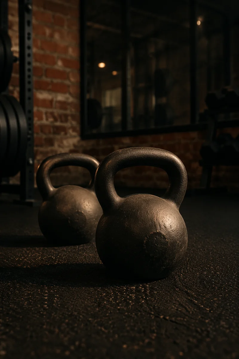 Dramatic Kettlebells on Dark Gym Floor