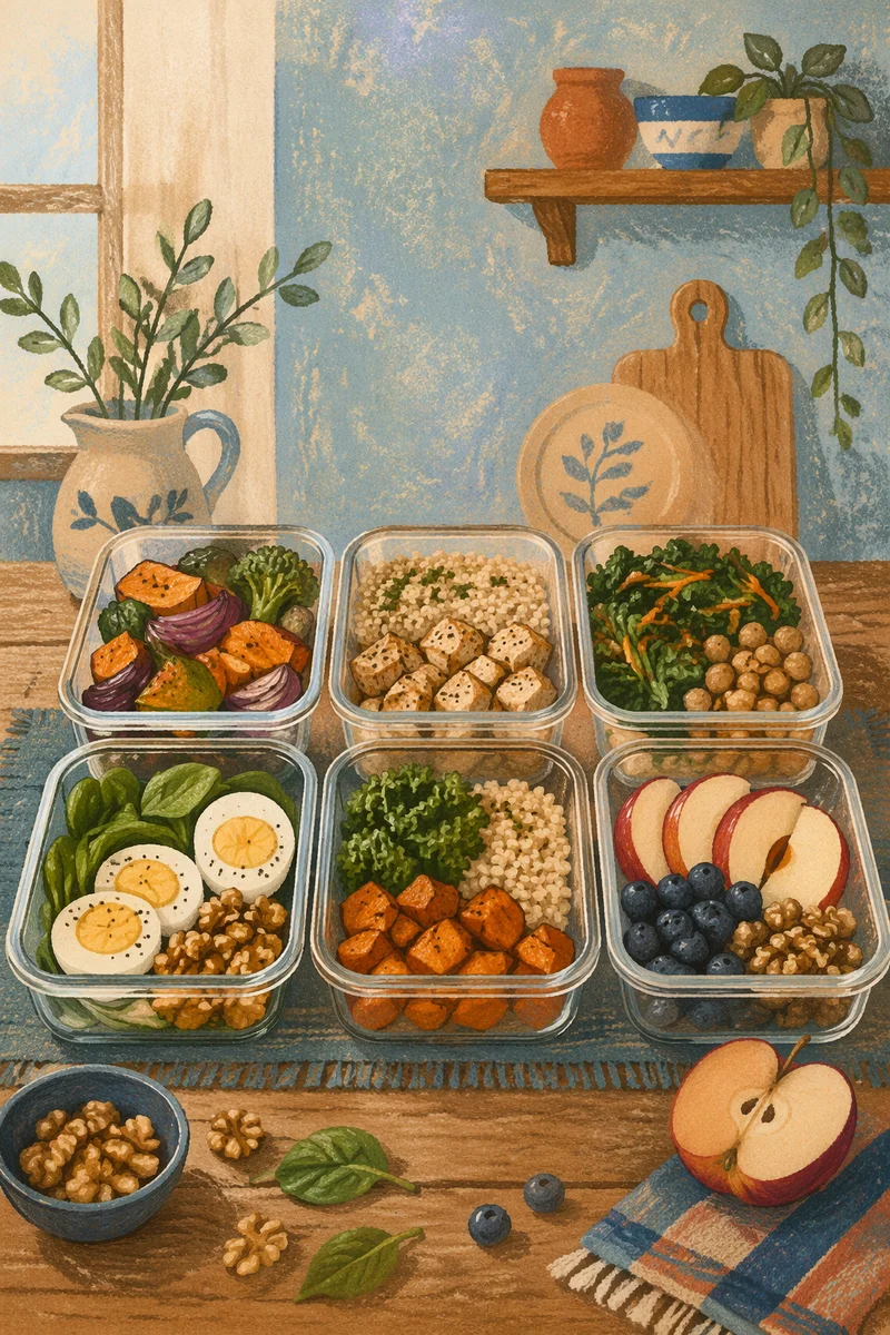 Organized Healthy Meal Prep on Rustic Table