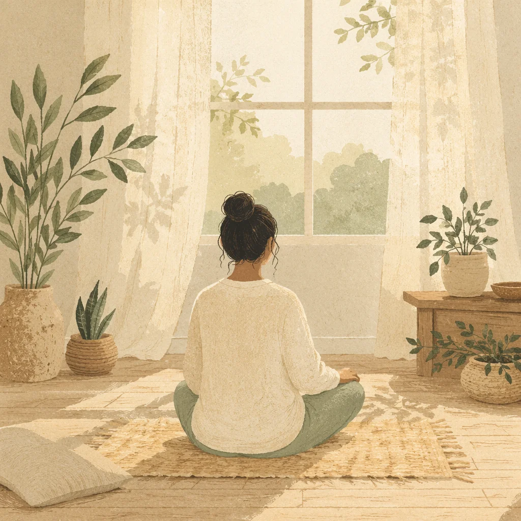 Peaceful Cross-Legged Meditation in Sunlit Studio
