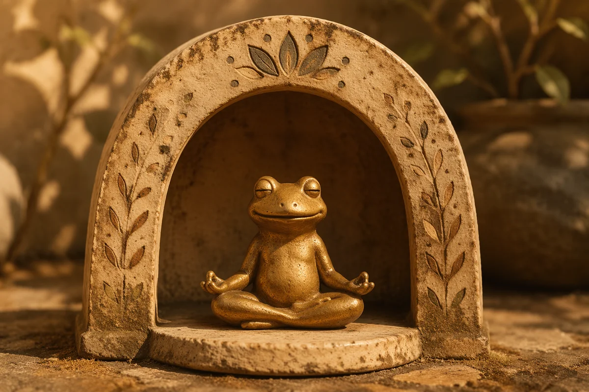 Peaceful Meditating Frog Beneath Rustic Arch
