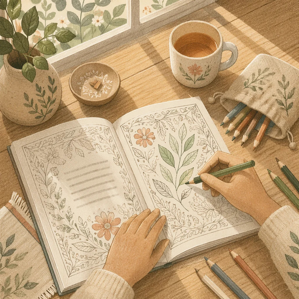 Mindful Coloring Session with Pencils and Tea