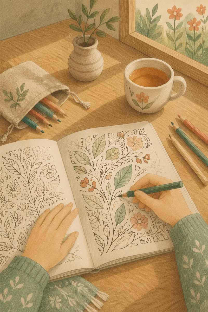 Mindful Coloring Session with Pencils and Tea