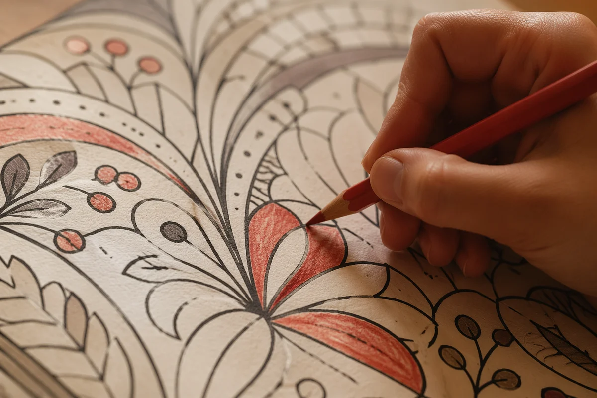 Mindful Coloring With Red Pencil Close Up