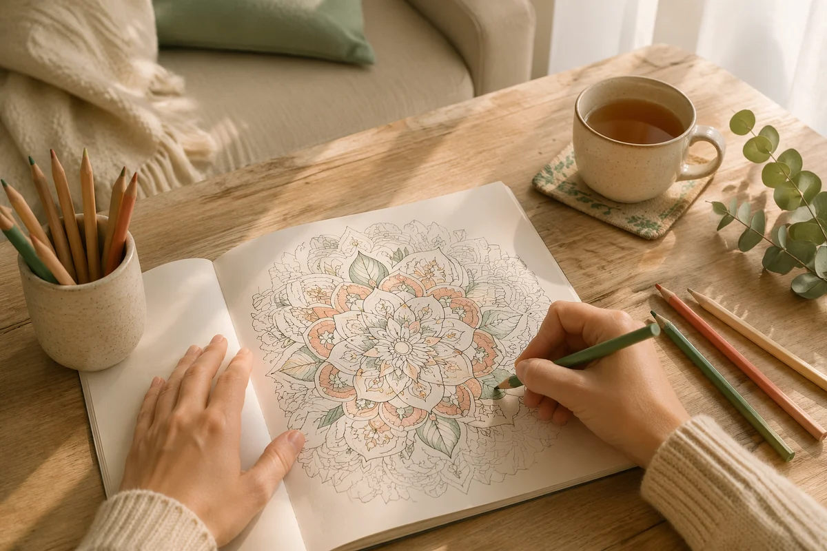 Mindfulness Coloring Session with Pencils and Tea