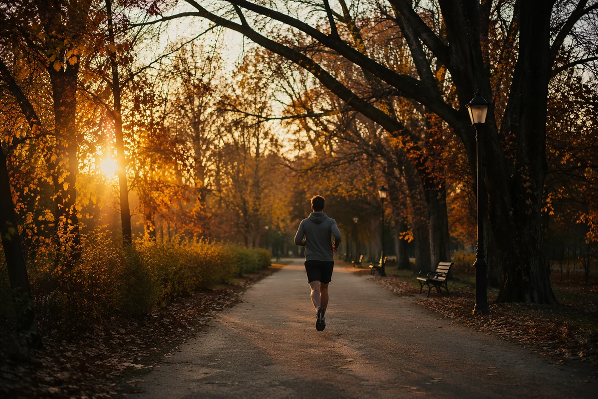 Sunrise Runner on Autumn Park Path