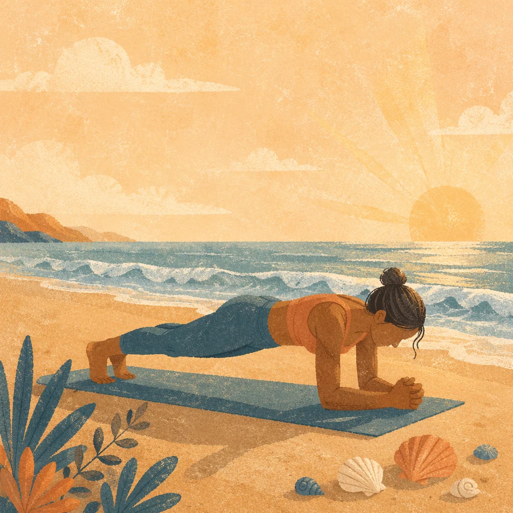 Sunrise Beach Plank Workout Scene