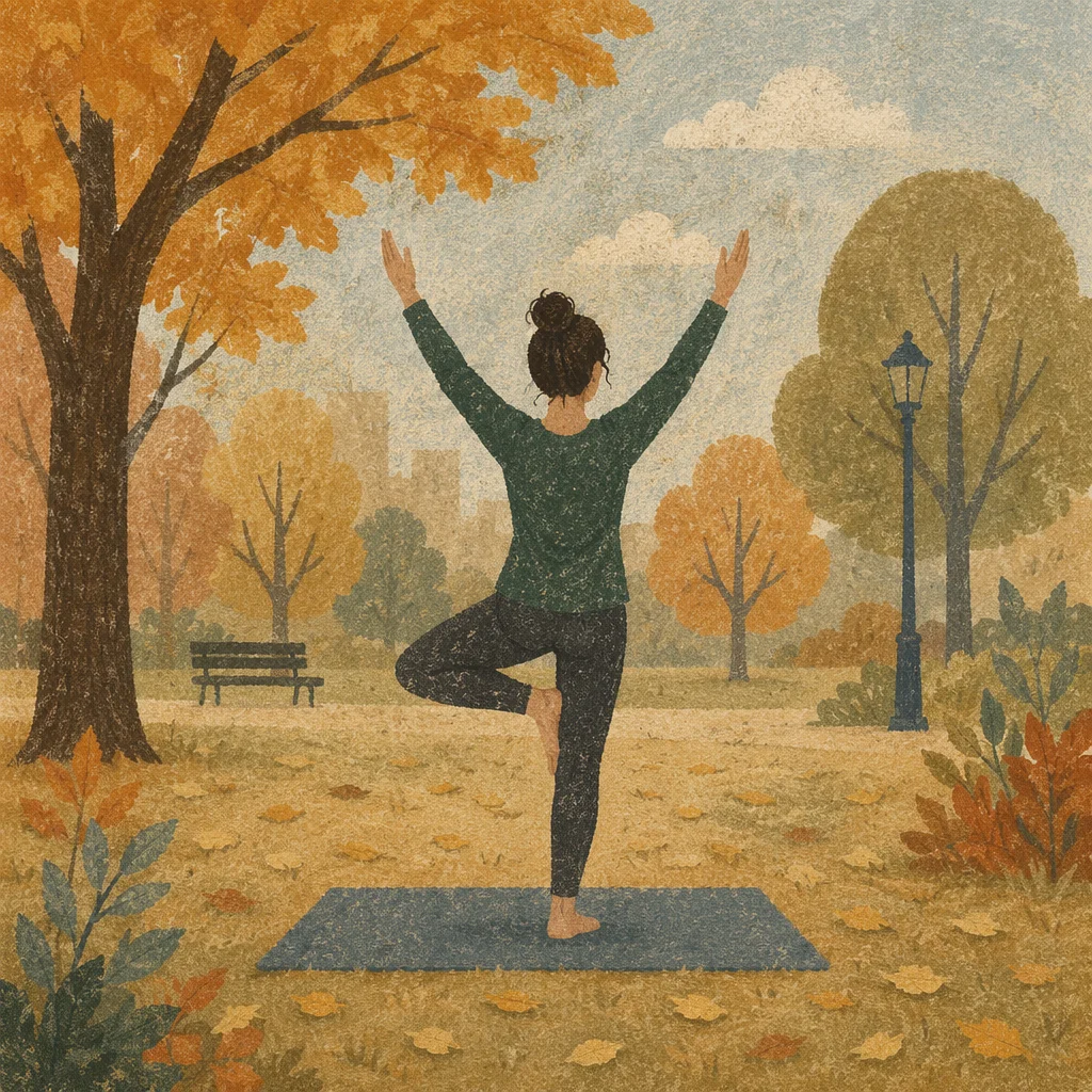 Mindful Yoga Tree Pose in Autumn Park