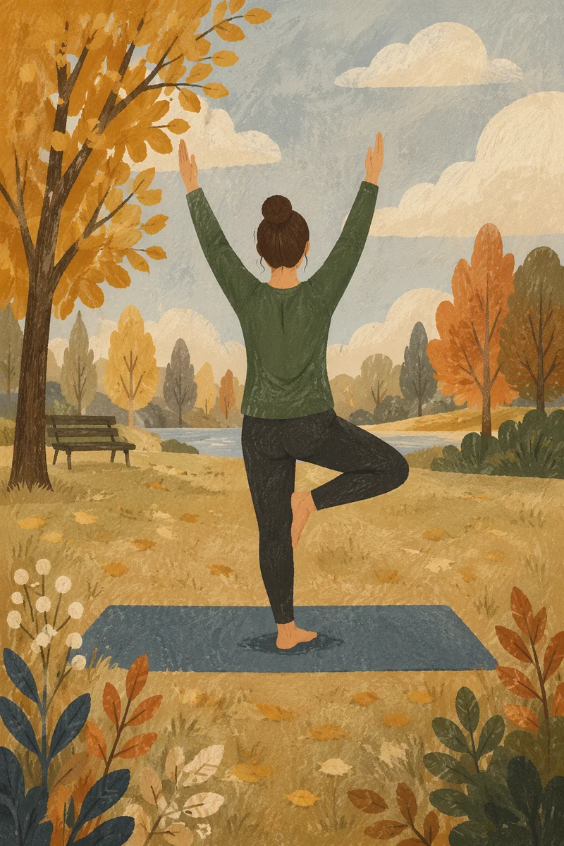 Peaceful Yoga Tree Pose in Autumn Park