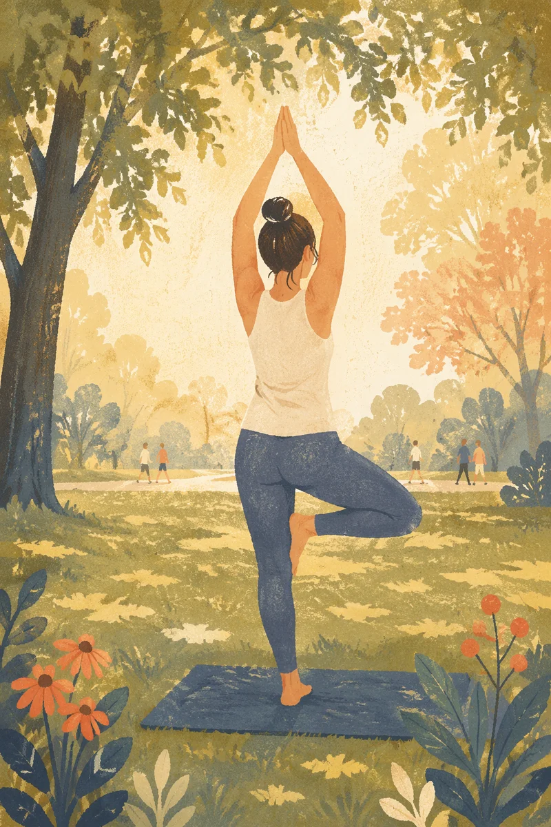 Peaceful Morning Yoga Tree Pose in Park