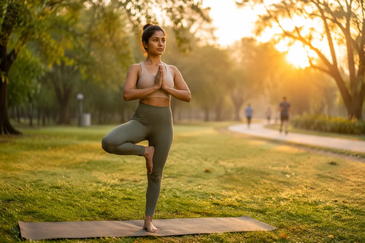 Woman Practicing Tree Pose in Park