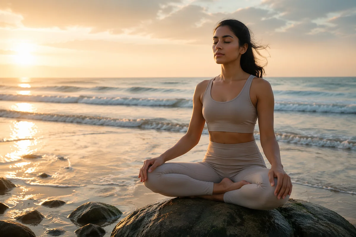 Woman Meditating on Coastal Rock at Sunrise