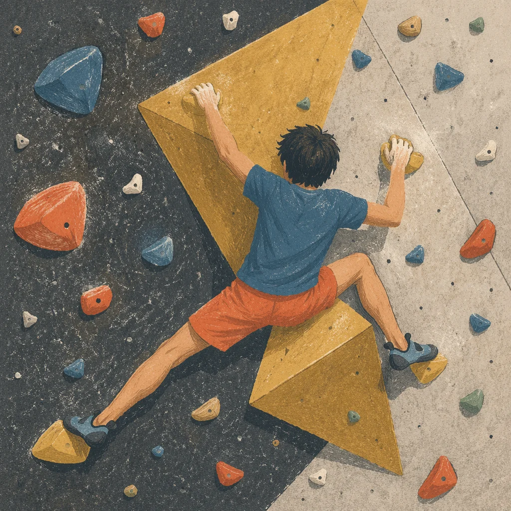 Indoor Climber Gripping Yellow Bouldering Holds