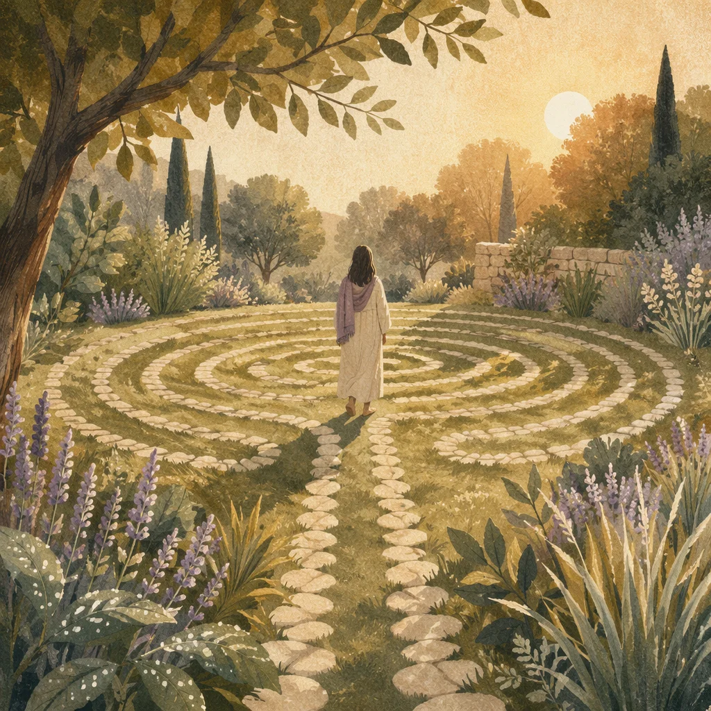 Morning Labyrinth Walk in Serene Garden