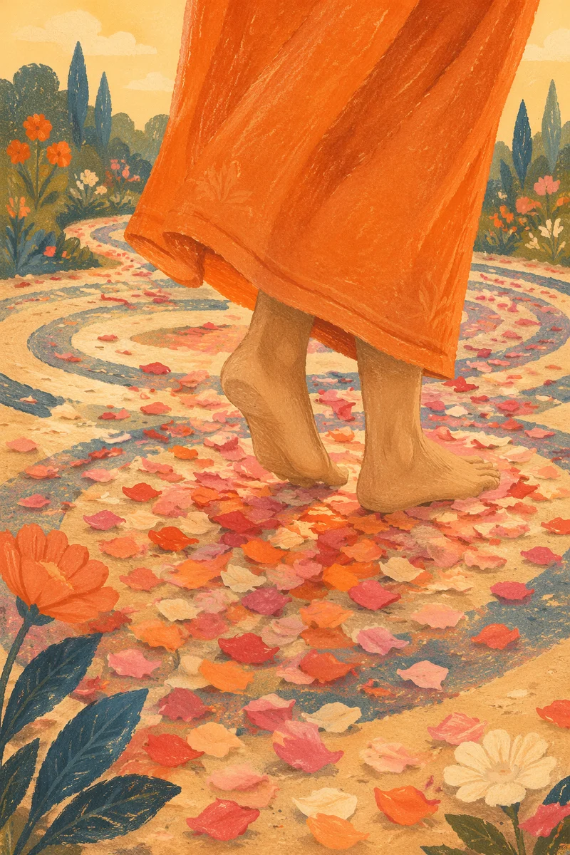 Barefoot Labyrinth Walk in Morning Garden
