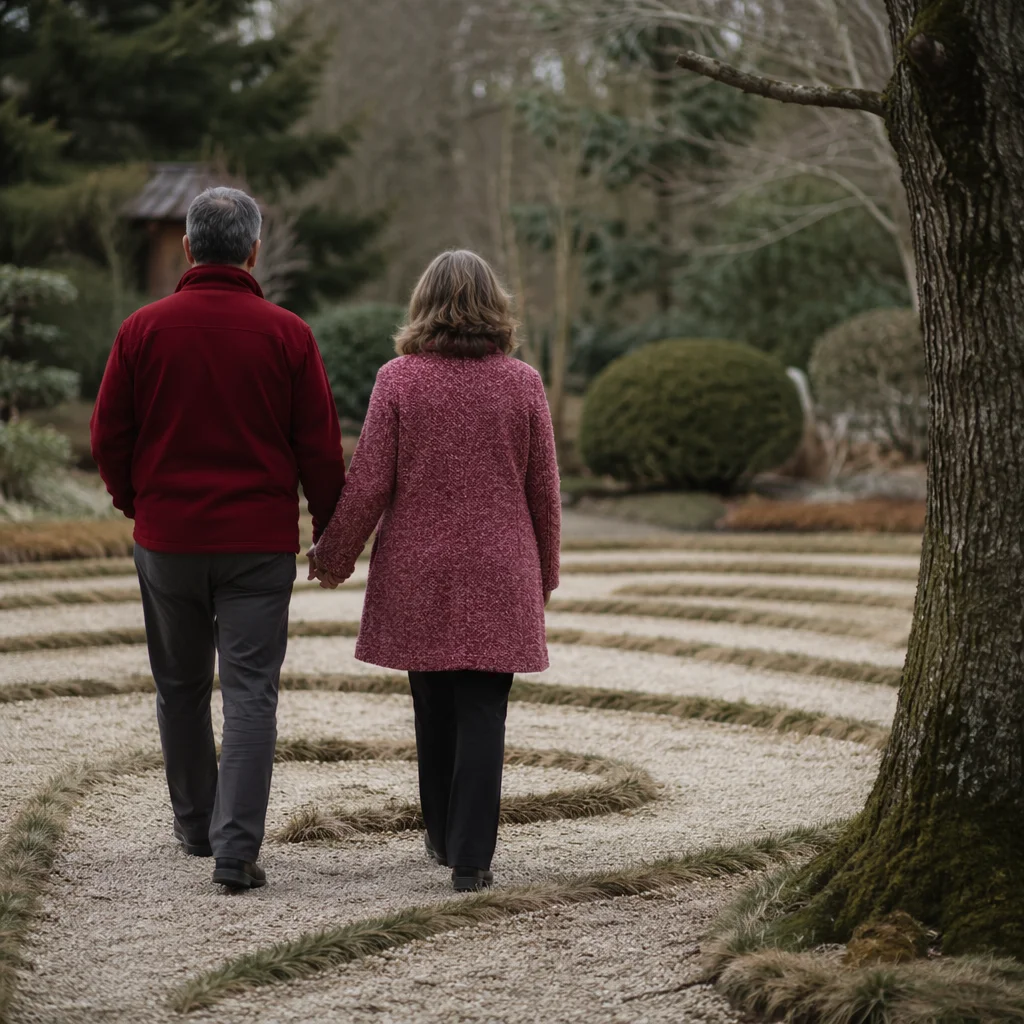 Couple Walking Garden Labyrinth Meditation Path